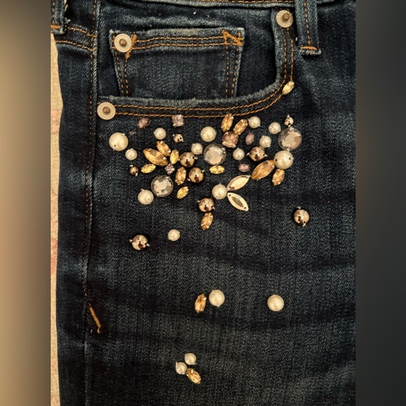 Express Embellished Mid Rise Dark Denim Skinny Jean - Picture 6 of 10